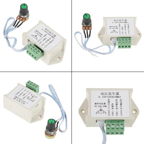 Four views of a 0-10V DC Generator Potentiometer Module For PLC And MCU Interface, showing front, side, and connectivity details.
