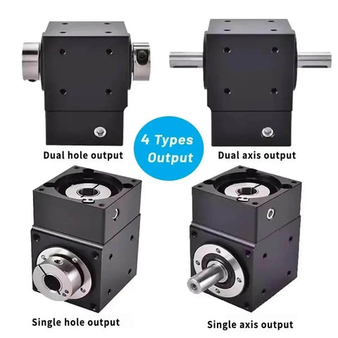 Right Angle Planetary Gearbox With Seven Arc Minute Precision Commutator For 80 Servo And Nema 34 Stepper Motors, showcase of 4 types of outputs: dual hole, dual axis, single hole, and single axis.