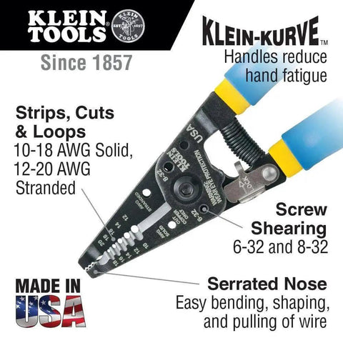 Heavy Duty Wire Cutter And Stripper For 10-18 AWG Solid And 12-20 AWG Stranded Wire With Precision Ground Stripping Holes, Klein Tools.