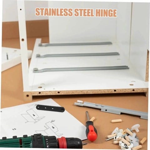 Heavy Duty Stainless Steel Hidden Hinges 4 Piece Set For Interior Exterior Doors shown with installation tools and instructions.