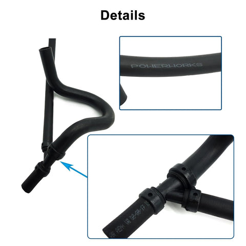 Engine lower heater hose outlet coolant recovery pipe, black rubber Y-shaped hose with clamps, Powerworks