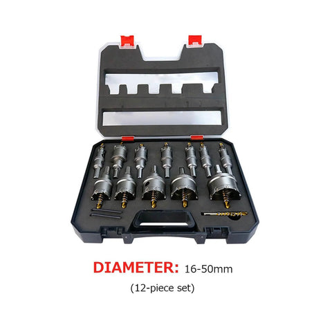 Open case showing a 12-piece Pro Grade Carbide Tipped Hole Saw Set For Metalworking, 16 to 53mm drill bits with wrench.