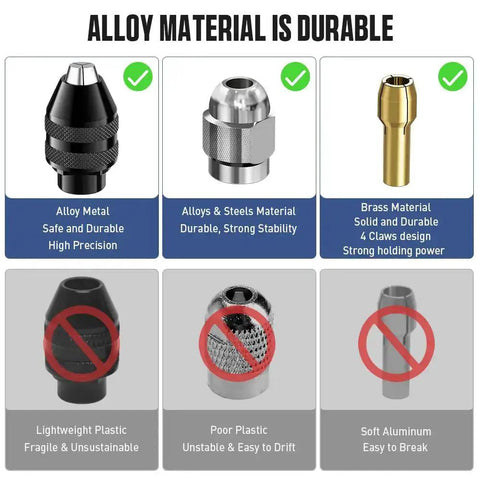 Comparison of metal and non-metal rotary tool chucks, featuring Pro Grade All Metal 3 Jaw Keyless Quick Change Rotary Tool Chuck Set 0.8 to 3.2Mm Brass Collet Kit