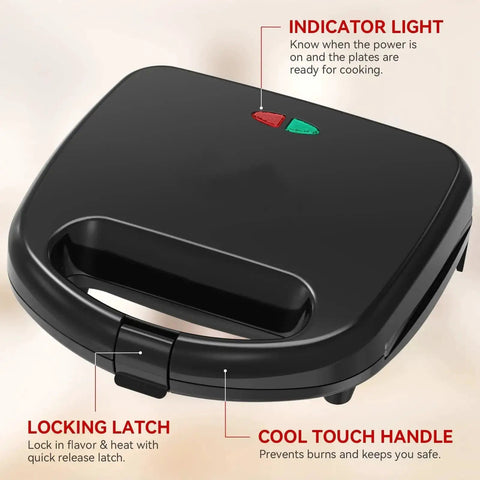 2-Slice Nonstick Waffle Maker With Indicator Lights, Fast 750W Heating, PFOA Free, showing locking latch and cool touch handle