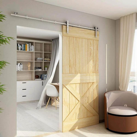 Installed 6Ft Sliding Barn Door Hardware Kit With Stainless Steel Hangers And Aeronautical Grade Aluminum Track For A Single Wood Door