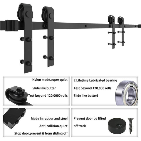 6.6Ft Black Barn Door Hardware Kit For Double Sliding Doors, Carbon Steel Heavy Duty Track System With J-Shape Hangers