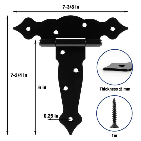 4 Pack Heavy Duty 6 Inch T Strap Gate Hinges 2mm Thick Universal Barn Shed Door Hardware with 270 Degree Rotation, black iron hinge with dimensions