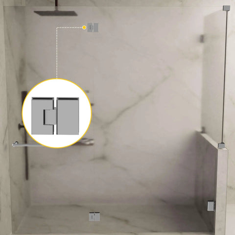 Adjustable Designer Glass To Glass Door Hinge 180 Degree Satin Finish For Frameless Shower Doors Self Centering Includes All Mounting Hardware Stainless Steel Allen Style Clamp Screws Wide Finish Options By Brixwell installed on a frameless glass shower door.