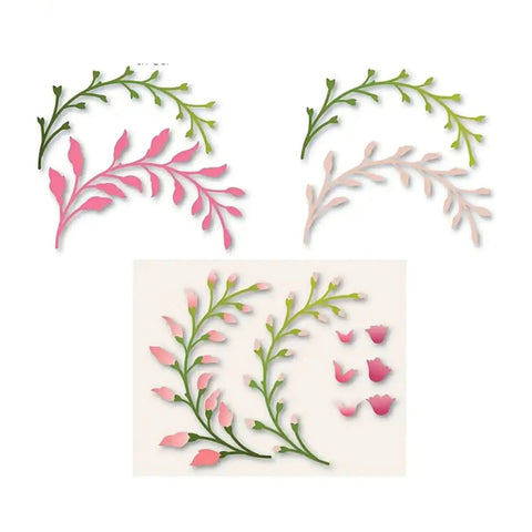 3 Piece Flower Leaf Branches Metal Die Cuts Set For DIY Embossing And Card Making, Floral Leaves Frame Stencils on white background