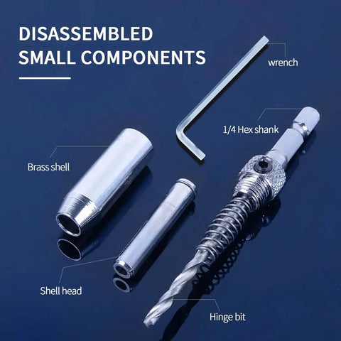 Disassembled components of 3 Piece Self Centering Hinge Tapper Core Drill Bit Set for Woodworking shown with wrench and shank.