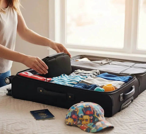 Person packing a suitcase with clothes and a Grab And Go Travel Medical Kit With 20 Essential Medications, passport, and cap on bed.