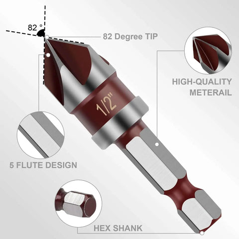 Diagram of Versatile 82 Degree HSS Countersink Drill Bit Set For Wood Metal And Plastic With detailed size and features