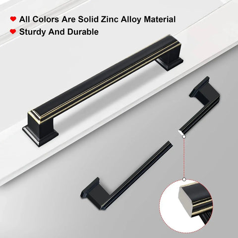 Black square drawer pull showing solid zinc alloy material with a close-up on the edge detail, highlighting durability and sturdiness.