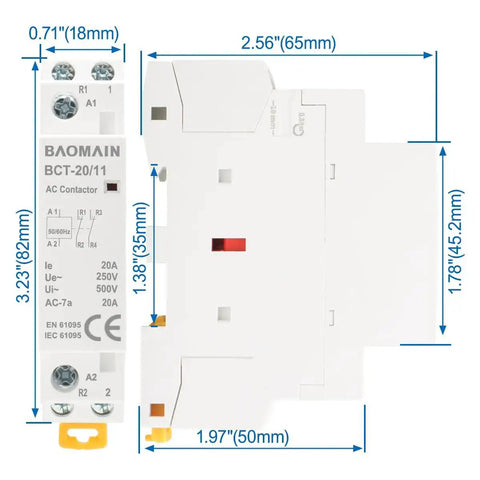 Dimensions of 24V AC 2-Pole Modular Contactor With 1NO1NC Contacts, 20A Rating, DIN Rail Mount For HVAC Control