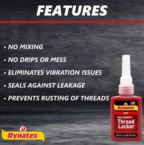 Red High Strength Thread Locker For Nut And Bolt Assemblies Industrial Grade Lock Tight That Cures Between Threads To Prevent Leakage Shock And Vibration Keeps Nuts Tight Under Heavy Use 24 Milliliter bottle with features list