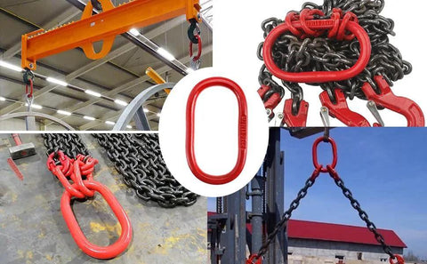 Oblong Master Link For Lifting And Rigging 1/2 Inch Thick Grade 80 Steel Heavy Duty Chain Ring Rated 4400 Lbs Red Finish