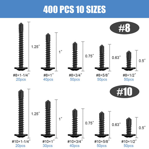 400 Piece Self Tapping Screws Set Made Of 410 Stainless Steel For Metal Wood And Plastic Size 8 And 10 1/2 Inch To 1-1/4 Inch Length Black Coated Pro Grade Handy Assorted Screws For Building Repair And DIY