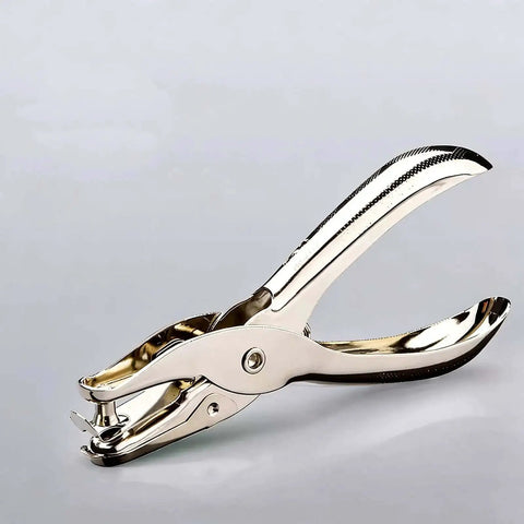 Metal craft hole punch for scrapbooking and tickets, ergonomic one-hand tool, punches 6mm holes, up to 8 sheets, front view.