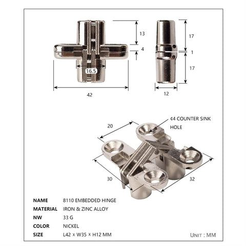Invisible 180 Degree Alloy Hinge For Doors And Furniture, Concealed Folding Cross Hinge For Cabinets, Gates, And Countertops