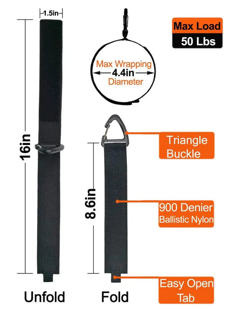 Diagram of Extension Cord Holder Organizer 4 Pack Large 16 Inch Heavy Duty Storage Straps with Triangle Buckle and specifications.