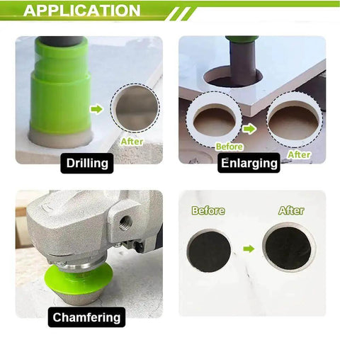 Diamond Core Drill Bit Set For Tile And Stone 11 Piece Kit with 20mm Milling Bit applications on various surfaces.