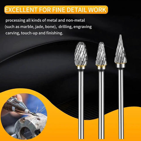 Carbide Burr Set for Rotary Tools with Ten Pieces and One Eighth Inch Shank, Double Cut Pro Grade Rasp Bits for Metal Engraving