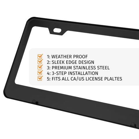 Close-up of Matte Black 2 Pack License Plate Frame Holder With 2 Holes, 304 Stainless Steel, Rustproof And Easy Mounting Accessories, 12.25 By 6.3 Inches, Street Legal, Fits All Plates In Canada with features listed.