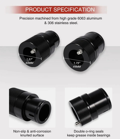 40mm And 44mm Front And Rear Wheel Bearing Greaser Tool Kit, showing non-slip knurled surface and double o-ring seals for Polaris ATV UTV