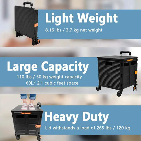 Foldable Utility Cart with 4 rotating wheels and braking rear wheels, showcasing lightweight, large capacity, and heavy-duty features.