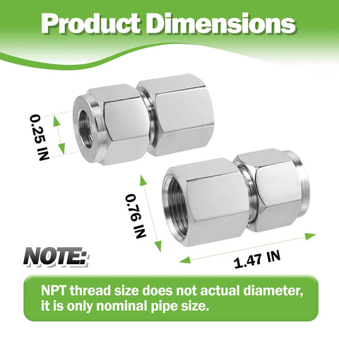 Goldpea stainless steel 304 compression tube fitting, 1/4 in OD x 1/4 in NPT female, double ferrule, pack of 2