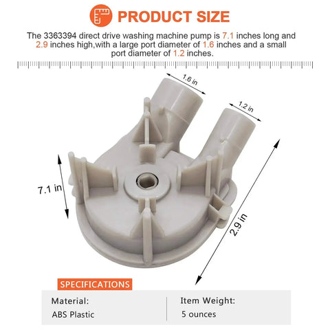 Washer drain pump, white ABS plastic, for Whirlpool/Kenmore washers, front view