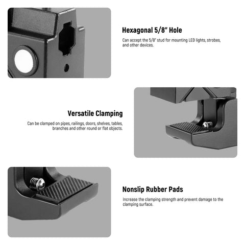 NEEWER heavy-duty clamp with 5/8-inch stud for photography; clamps pipes and flat surfaces; nonslip rubber pads.