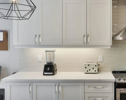 Modern kitchen with 10 Pack 3 Inch Cabinet Handles Brushed Satin Nickel Zinc Alloy Pulls on white cabinets and drawers