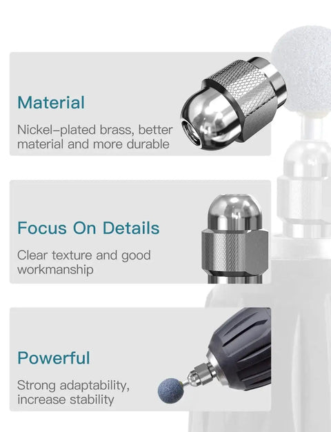 Built Tough Brass Collet Set For Rotary Tools with features like nickel-plating, detailed texture, and strong stability highlighted.