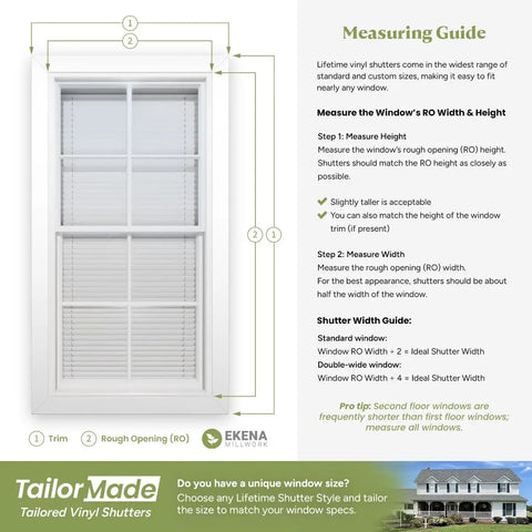Measuring guide for Lifetime vinyl shutters showcasing window dimensions with Ekena Millwork branding, trim and rough opening instructions.