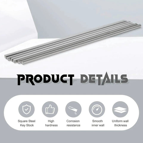 12 Piece Square Steel Bar Stock Set One Quarter Inch By One Quarter Inch By Twelve Inch Cold Drawn Metal Bars For DIY Projects Fabrication And Industrial Use Heavy Duty High Precision Durable And Ready For Machining shown in a horizontal layout.