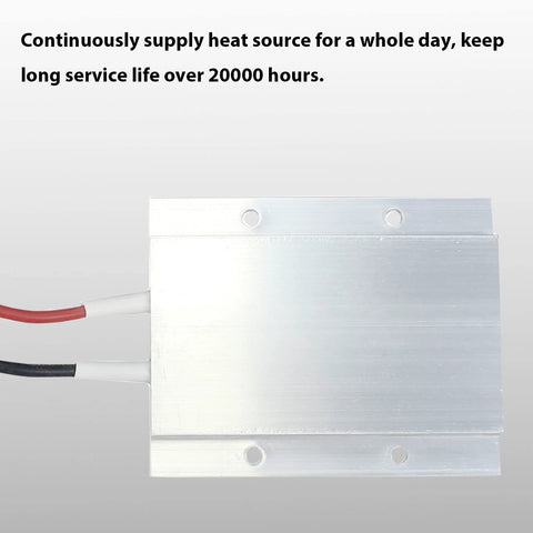 Aluminum PTC heating element plate with red and black power wires and mounting holes