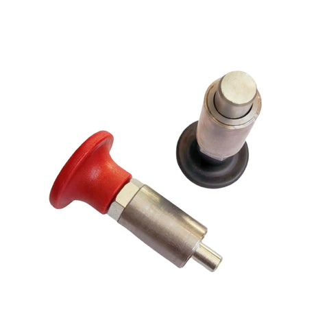 Heavy Duty Spring Loaded Pull Pins With Welded Barrel Red Handle And Screw Lock Steel Spring Plungers And Dowel Pins Diameter Four Tenths Inch Ten Millimeters Barrel Length About Forty Millimeters Easy Grip For Quick Latched Connections