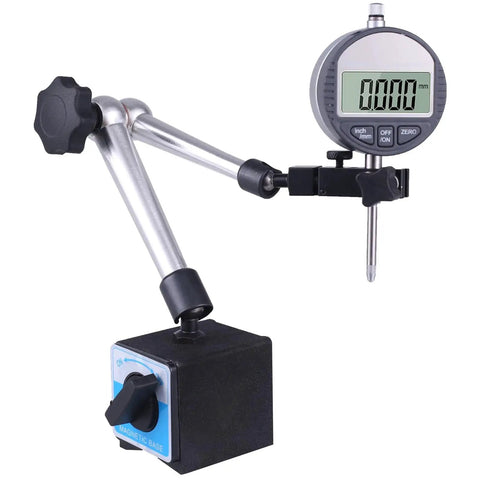 Magnetic Base Stand for Digital Dial Indicator Built Tough Three Segment With Industrial Strength Quick Release And Triple Joint Adjustment For Easy Positioning, 0.315 Inch Holding Hole 8 mm For Metric Dial Gauge, Two Solid Magnetic Surfaces By Qnkaa, shown in side view holding a digital dial indicator.