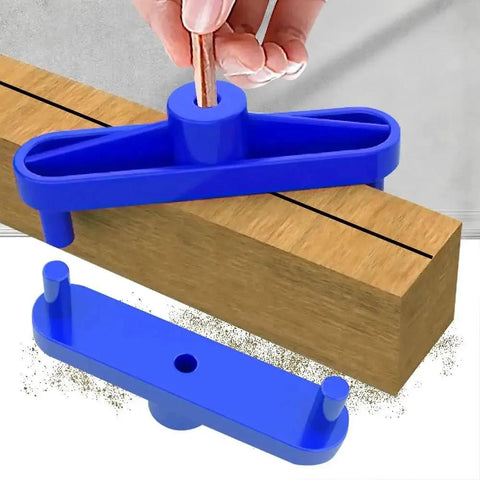 Center Scribe Line Locator For Woodworking Two Pack Center Finder Marker Positioner Gauge Scribing Tool For Precise Center Marking On Boards And DIY Projects Made From Durable ABS Plastic in blue, shown marking a wooden board