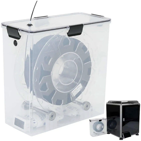 See Through Filament Dryer Box for 3D Printer with airtight seal, showing black filament inside, clear lid for easy level check.