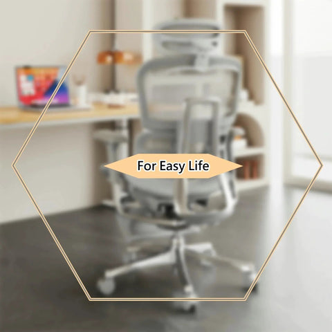 Office chair with a blurred focus showcasing ergonomic design, with text 'For Easy Life.'