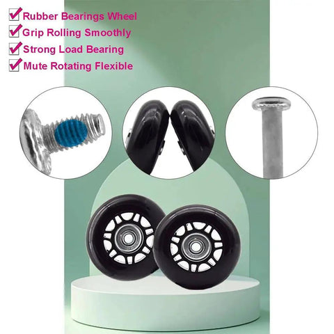 Set Of 4 Luggage Replacement Wheels 64x24mm with rubber bearings, smooth rolling wheels, and axles for suitcase repair and upgrades.