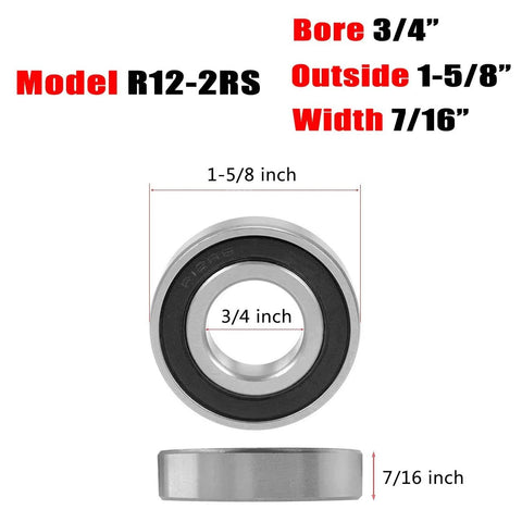 R12-2RS ball bearing with 3/4 in bore, 1-5/8 in outer diameter, 7/16 in width, double sealed