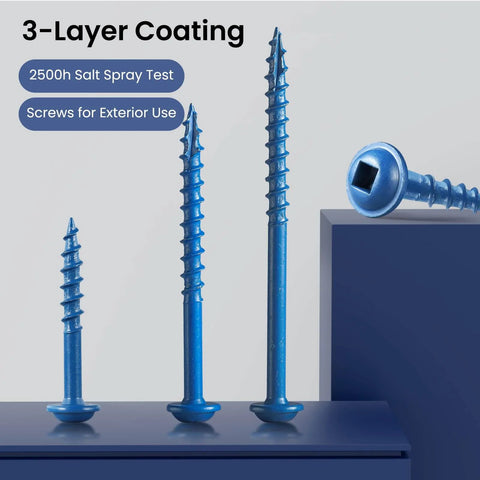 Pocket Hole Screws Size 8 1 1/4 Inch 300 Pieces No Nonsense Rust-Resistant Blue Coated Exterior Wood Screws Coarse Thread Washer Head Square Drive Self Tapping Tip Includes Magnetic Drive Bit shown with 3-layer coating and washer head.