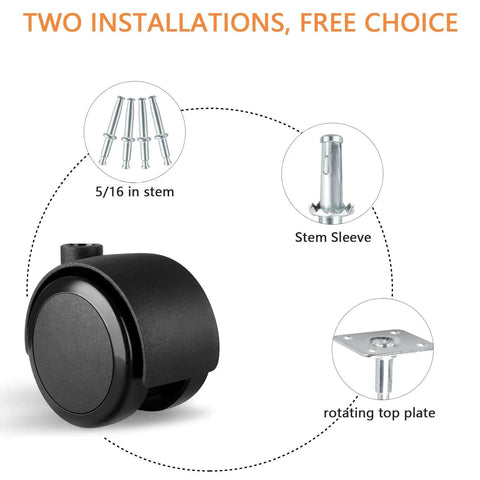Diagram showing Two Inch Caster Wheels Set Of Four With Five Sixteenth Inch Valve Stem And Rotating Top Plate Installation Options