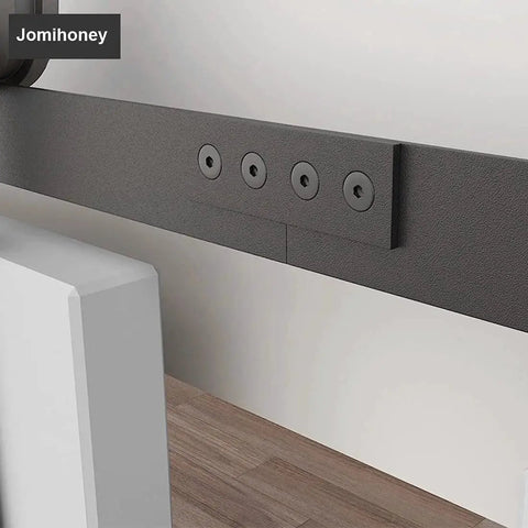 Sliding Barn Door Hardware Connecting Adaptor Set Of 2 3.15 Inch Metal Joining Plate Repair Fastener Carbon Steel Matte Black Heavy Duty Track Connector For Indoor And Outdoor Use 1 Inch Wide Flat Brace Splice Piece installed view