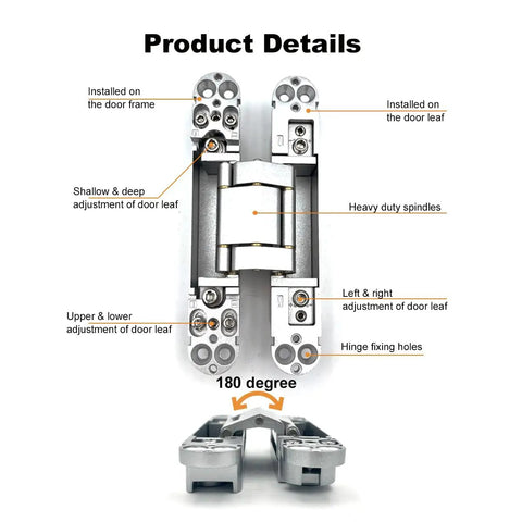 Diagram of 2 Pack Hidden Door Hinges For 6 Inch Doors With 3 Way Adjustable Concealed Hinges Zinc Alloy For Slick Invisible Doors And Feature Walls 180 Degree Swing Silver.