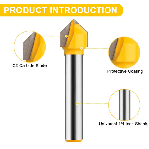 90 Degree V Groove Router Bit Set With One Quarter Inch Shank For DIYers And CNC Engraving Includes Four Cut Diameters One Quarter Inch Five Sixteenths Inch Three Eighths Inch And One Half Inch Ideal For Carving And Grooving showing carbide blade, protective coating, and 1/4-inch shank