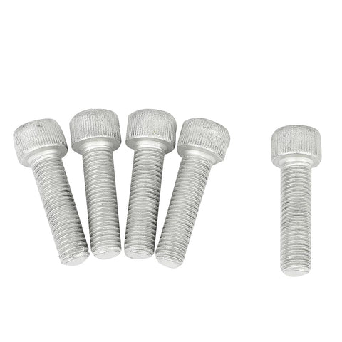 Five silver metal bolts aligned on a white surface, one bolt separated